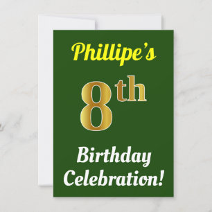 Green, Faux Gold 8th Birthday Celebration + Name Invitation