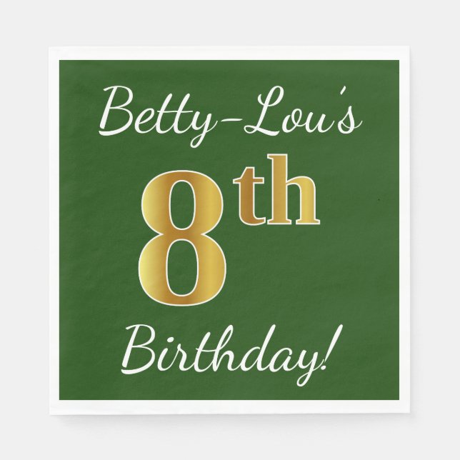 Green, Faux Gold 8th Birthday + Custom Name Napkin (Front)