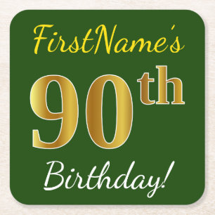 Green, Faux Gold 90th Birthday + Custom Name Square Paper Coaster