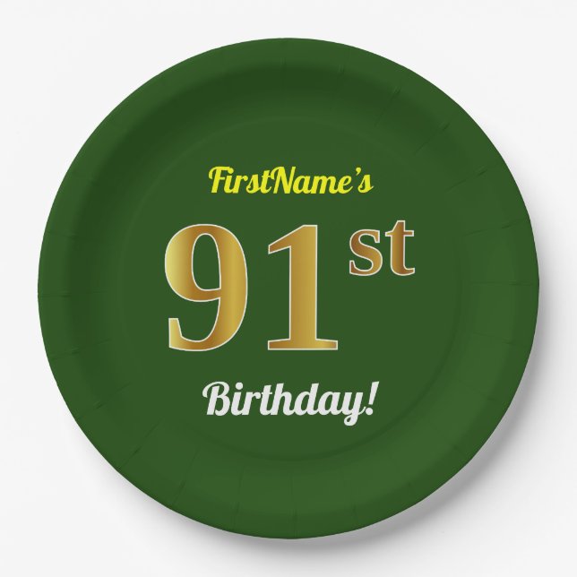 Green, Faux Gold 91st Birthday + Custom Name Paper Plate (Front)