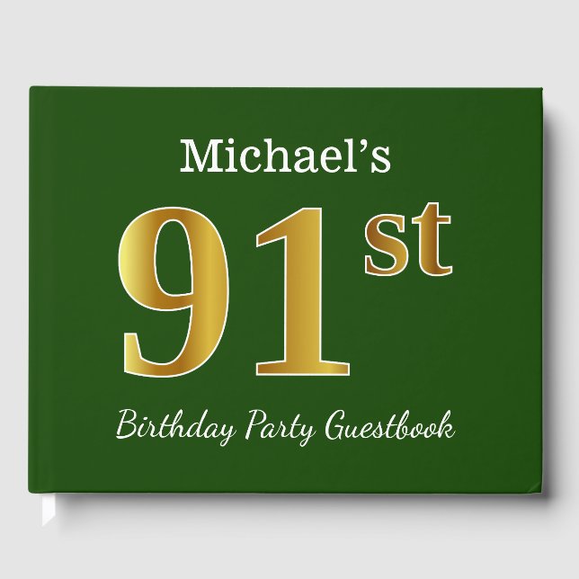 Green, Faux Gold 91st Birthday Party + Custom Name Guest Book (Front)