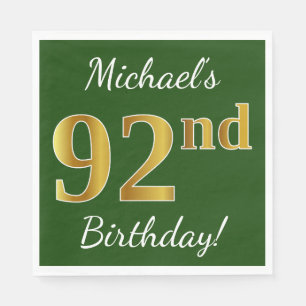 Green, Faux Gold 92nd Birthday + Custom Name Napkin
