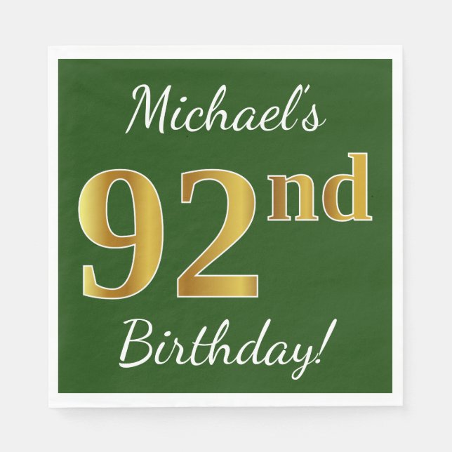 Green, Faux Gold 92nd Birthday + Custom Name Napkin (Front)