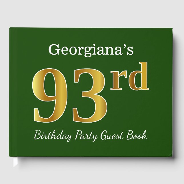 Green, Faux Gold 93rd Birthday Party + Custom Name Guest Book (Front)