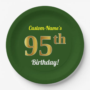 Green, Faux Gold 95th Birthday + Custom Name Paper Plate