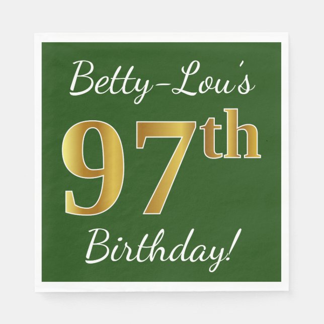 Green, Faux Gold 97th Birthday + Custom Name Napkin (Front)