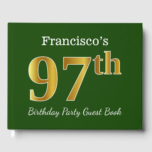 Green, Faux Gold 97th Birthday Party + Custom Name Guest Book (Front)