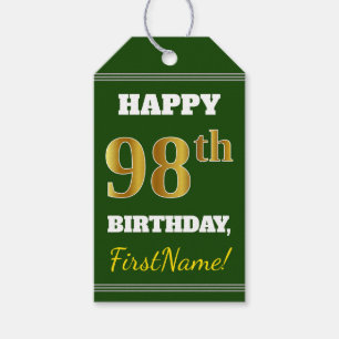 Green, Faux Gold 98th Birthday + Custom Name Gift Tags
