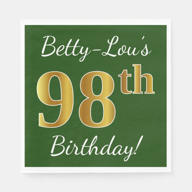Green, Faux Gold 98th Birthday + Custom Name Napkin (Front)