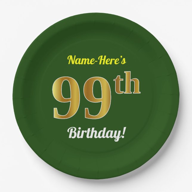 Green, Faux Gold 99th Birthday + Custom Name Paper Plate (Front)