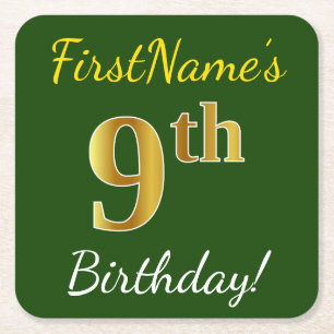 Green, Faux Gold 9th Birthday + Custom Name Square Paper Coaster