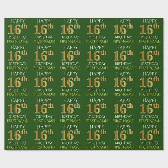 Green, Faux Gold "HAPPY 16th BIRTHDAY" Wrapping Paper (Flat)