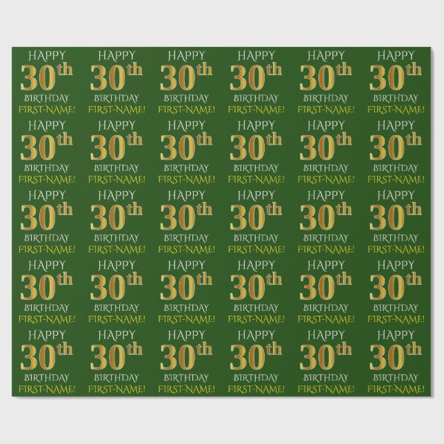 Green, Faux Gold "HAPPY 30th BIRTHDAY" Wrapping Paper (Flat)