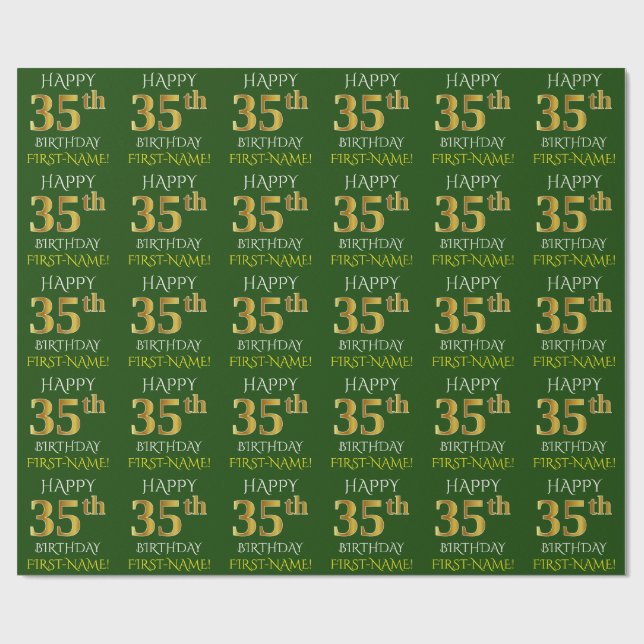 Green, Faux Gold "HAPPY 35th BIRTHDAY" Wrapping Paper (Flat)