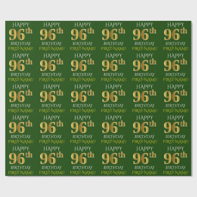 Green, Faux Gold "HAPPY 96th BIRTHDAY" Wrapping Paper (Flat)