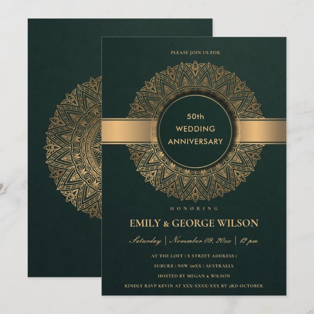 GREEN FAUX GOLD MANDALA ANY YEAR 50TH ANNIVERSARY INVITATION (Front/Back)