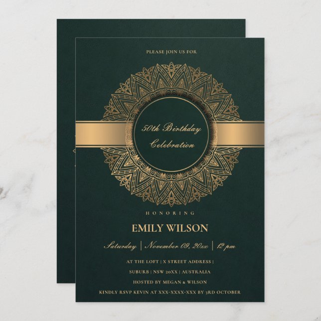 GREEN FAUX GOLD MANDALA ANY YEAR 50TH BIRTHDAY INVITATION (Front/Back)