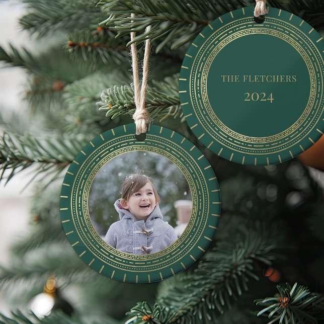 Green & Faux Gold Medallion Holiday Photo Ceramic Ornament (Creator Uploaded)