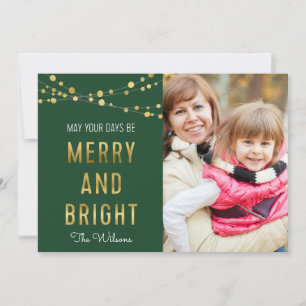 Green, Faux Gold Merry & Bright Lights Photo Holiday Card