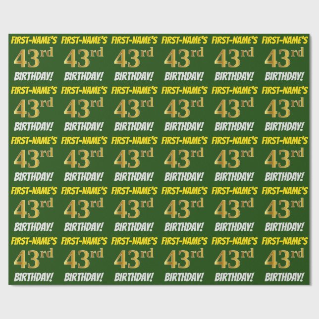 Green, Faux/Imitation Gold, "43rd BIRTHDAY" Wrapping Paper (Flat)