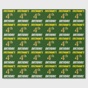 Green, Faux/Imitation Gold, "4th BIRTHDAY" Wrapping Paper