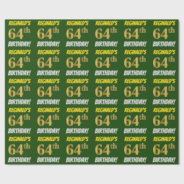 Green, Faux/Imitation Gold, "64th BIRTHDAY" Wrapping Paper (Flat)