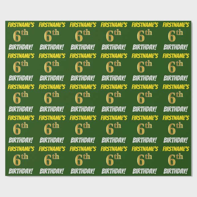Green, Faux/Imitation Gold, "6th BIRTHDAY" Wrapping Paper (Flat)