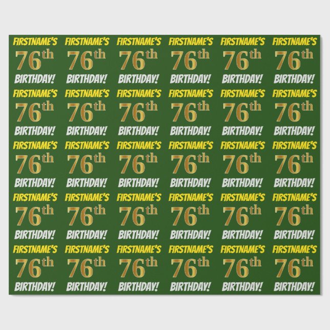 Green, Faux/Imitation Gold, "76th BIRTHDAY" Wrapping Paper (Flat)