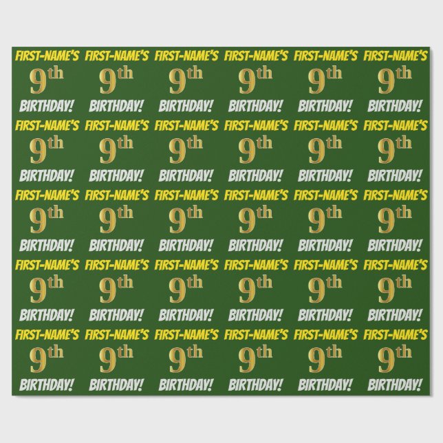 Green, Faux/Imitation Gold, "9th BIRTHDAY" Wrapping Paper (Flat)