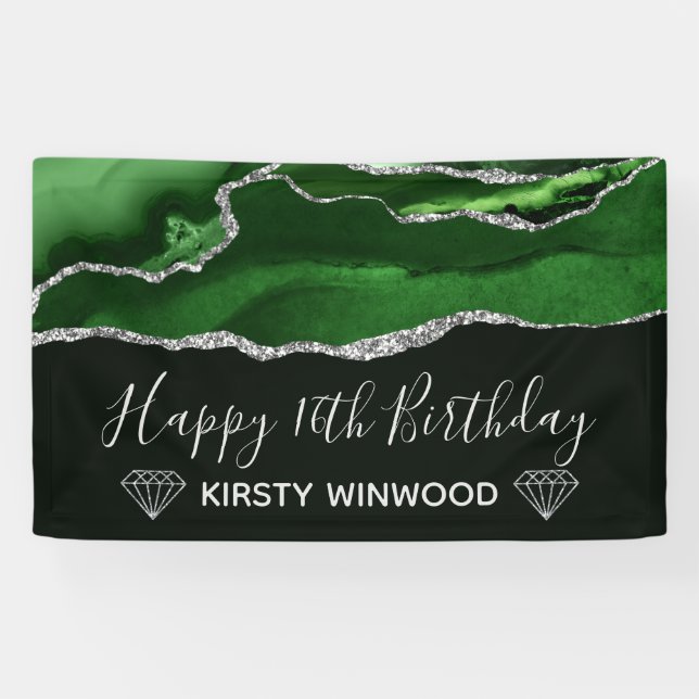 Green & Faux Silver Glitter Agate Sweet 16 Banner (Horizontal)