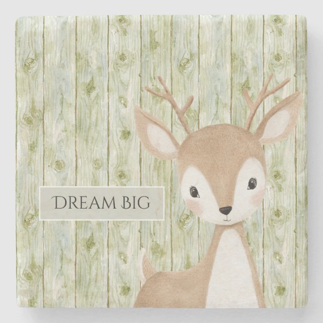 Green Faux Wood Cute Deer Stone Coaster (Front)