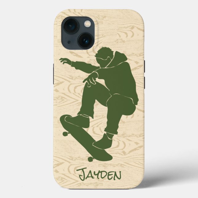 Green, Faux Woodgrain Skateboarder Case-Mate iPhone Case (Back)