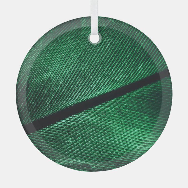 Green Feather, Beautiful Pattern Texture. Glass Ornament (Front)