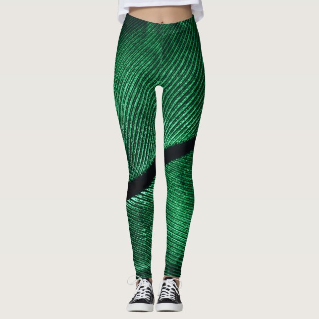 Green Feather, Beautiful Pattern Texture. Leggings (Front)