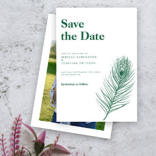 Green Feather Minimal Wedding Save The Date Invitation
