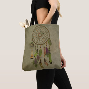 Green Feathers   Boho Dreamcatcher Tote Bag