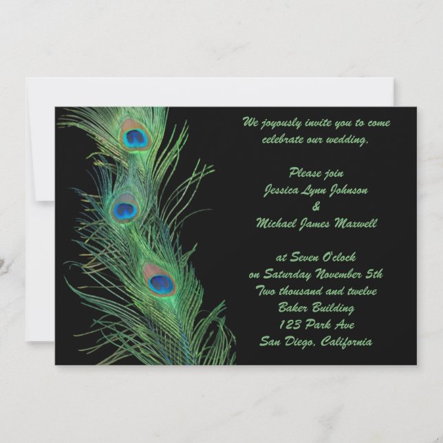 Green Feathers with Black Wedding Invitation (Front)