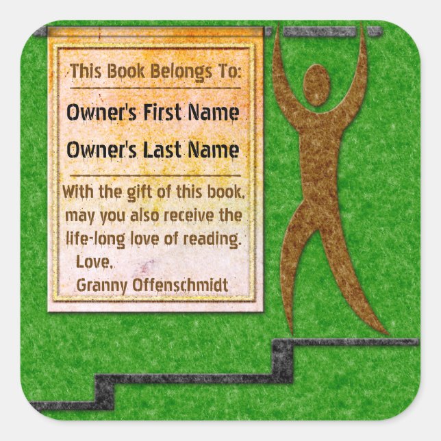 Green Felt Banner Man Personalized Bookplate Square Sticker (Front)