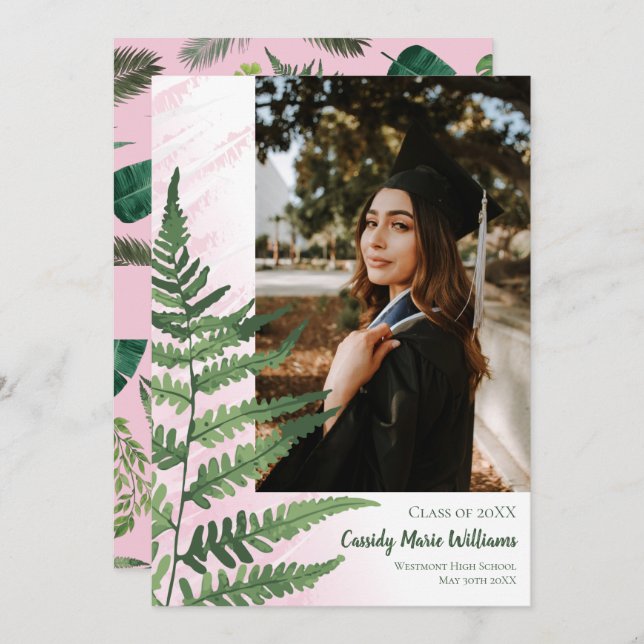 Green Fern Elegant Pink Graduation Announcement (Front/Back)