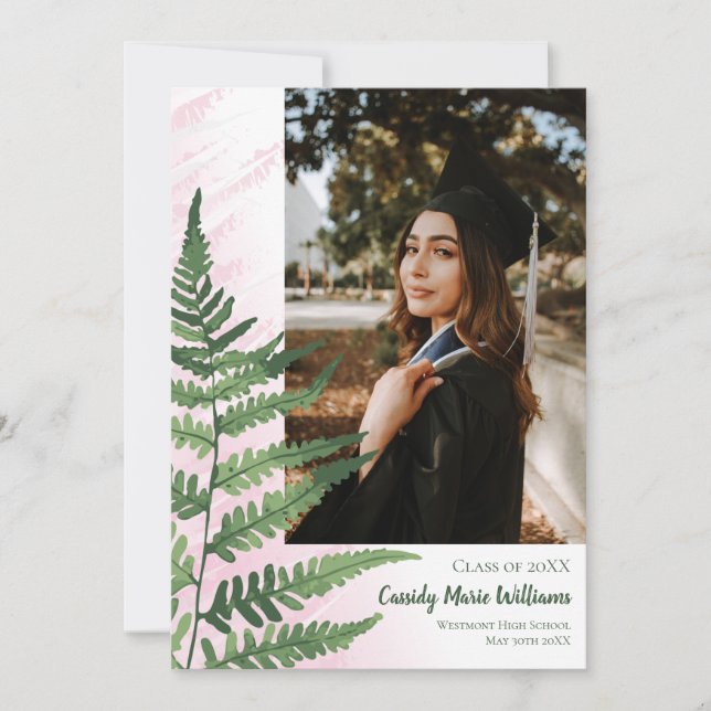 Green Fern Elegant Pink Graduation Faire-part (Devant)