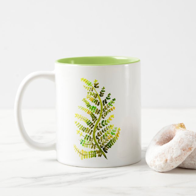 Green fern leaf plant art Two-Tone coffee mug (With Donut)