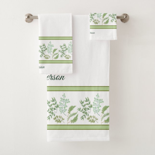 Green Fern Leaves and Branches with custom name Bath Towel Set (Insitu)