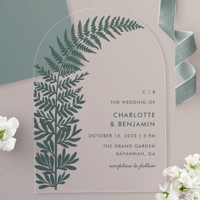Green Fern Modern Minimalist Arch Wedding Acrylic Invitations (Creator Uploaded)