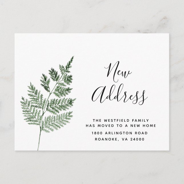 Green Fern New Address Simple Botanical Moving Announcement Postcard (Front)