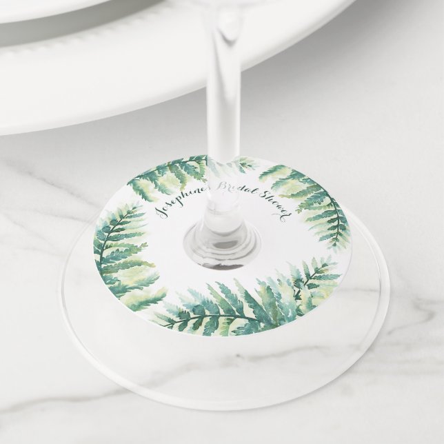 Green Fern Personalized Bridal Shower Wine Glass Tag (Close Up)