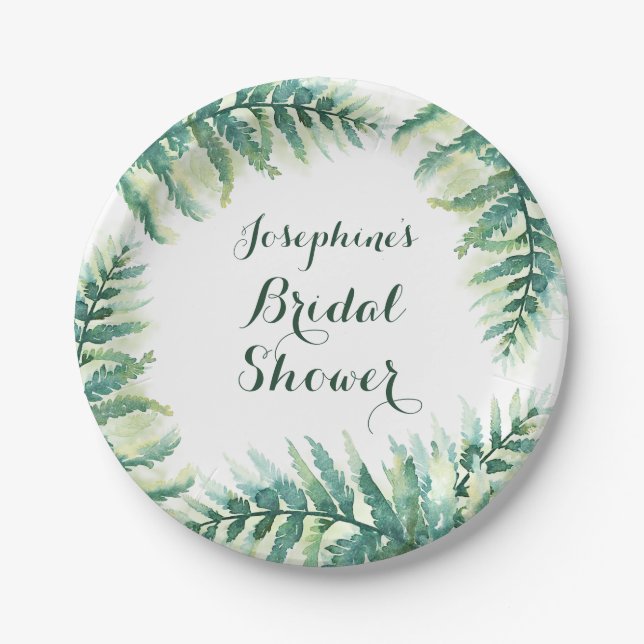 Green Fern Watercolor Bridal Shower Paper Plate (Front)