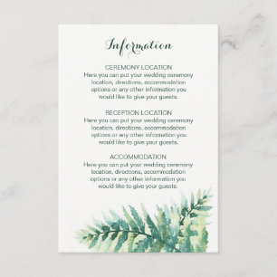 Green Fern Watercolor Wedding Information Cards