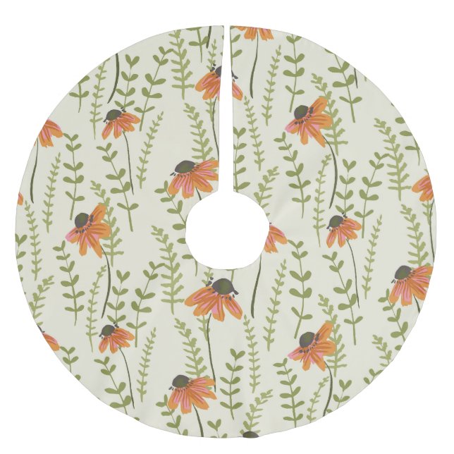 Green ferns, orange flowers, nature. brushed polyester tree skirt (Front)