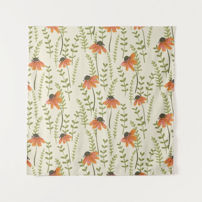 Green ferns, orange flowers, nature. tapestry (Front)