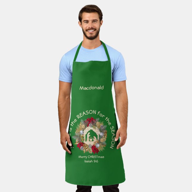 Green Festive JESUS IS THE REASON Christmas Apron (Worn)